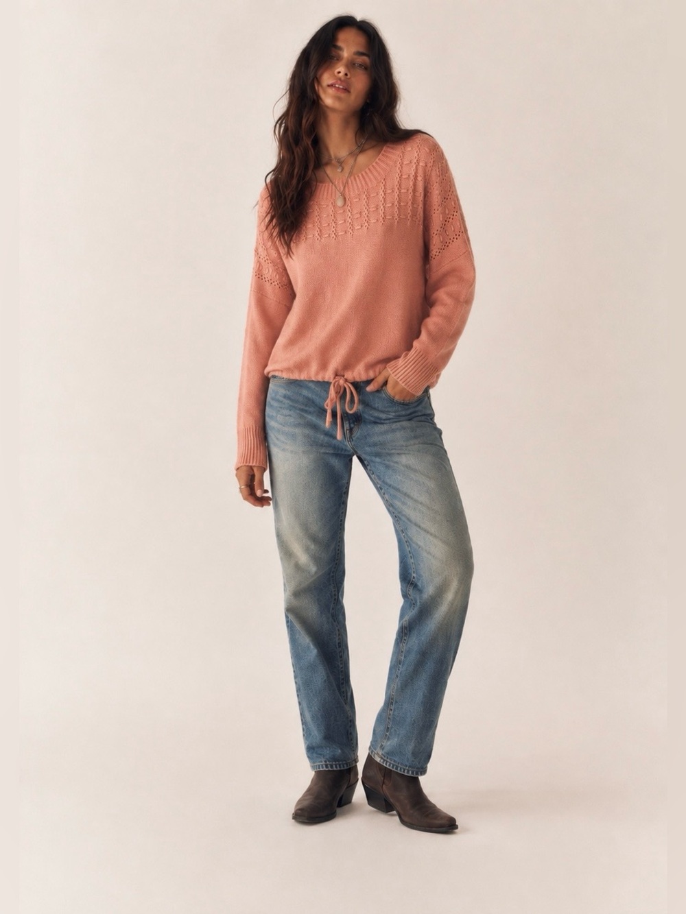 Easel Dusty Peach/Coral Knit Sweater L Crochet/Pointelle Drawstring Hem Boho